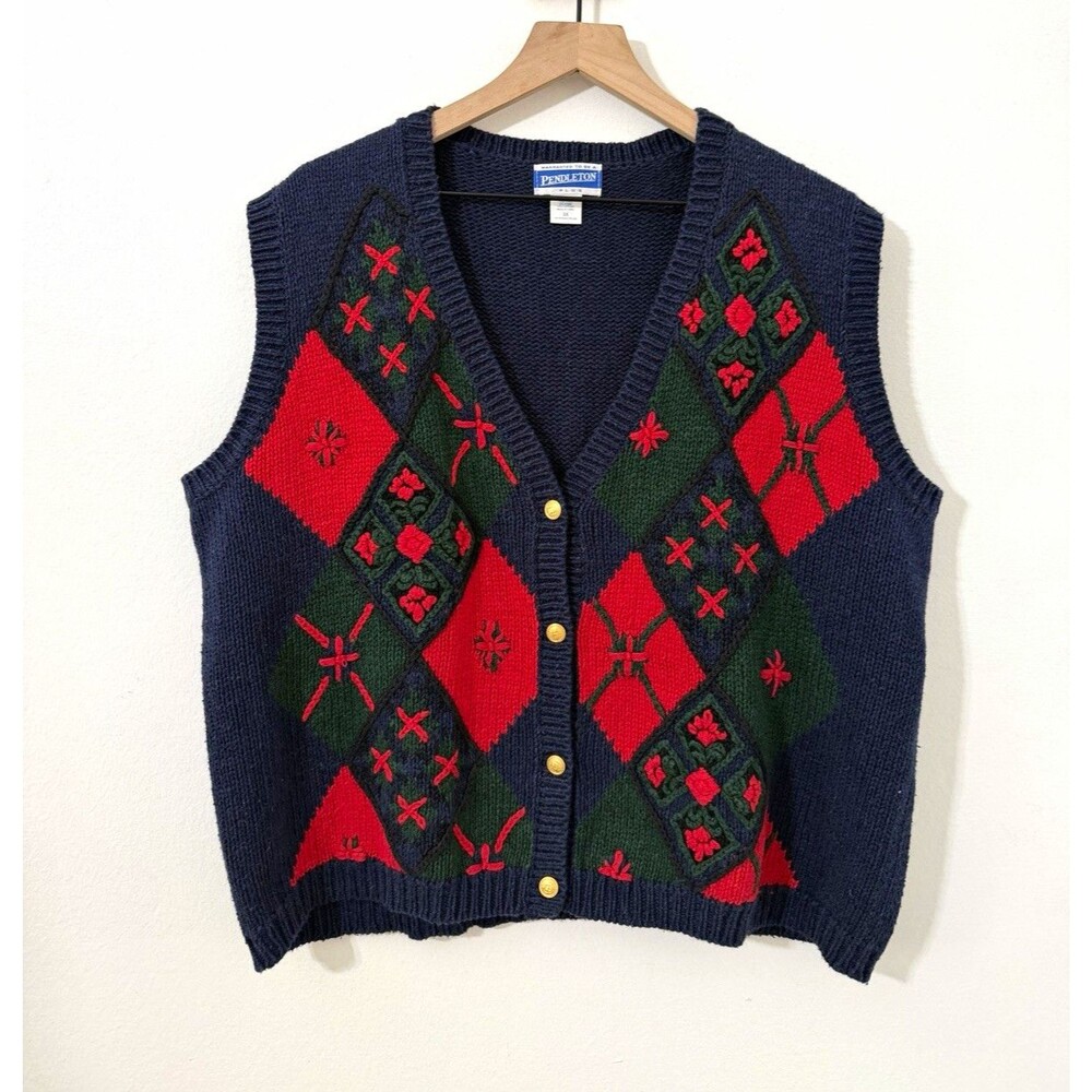 Pendleton Women’s Plus 2X V-Neck Button Front Argyle Knit Sweater Vest Navy
